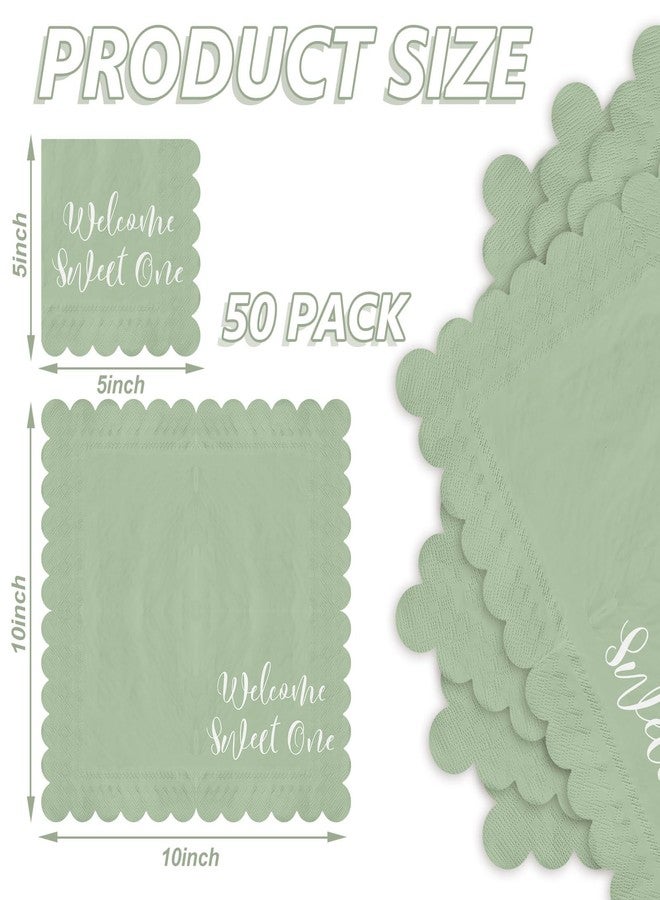 JarThenaAMCS 50Pcs Baby Shower Cocktail Napkin Sage Green Scalloped Disposable Paper Napkin Welcome Sweet One Beverage Napkins for Party Drink Table Decor - Image 2